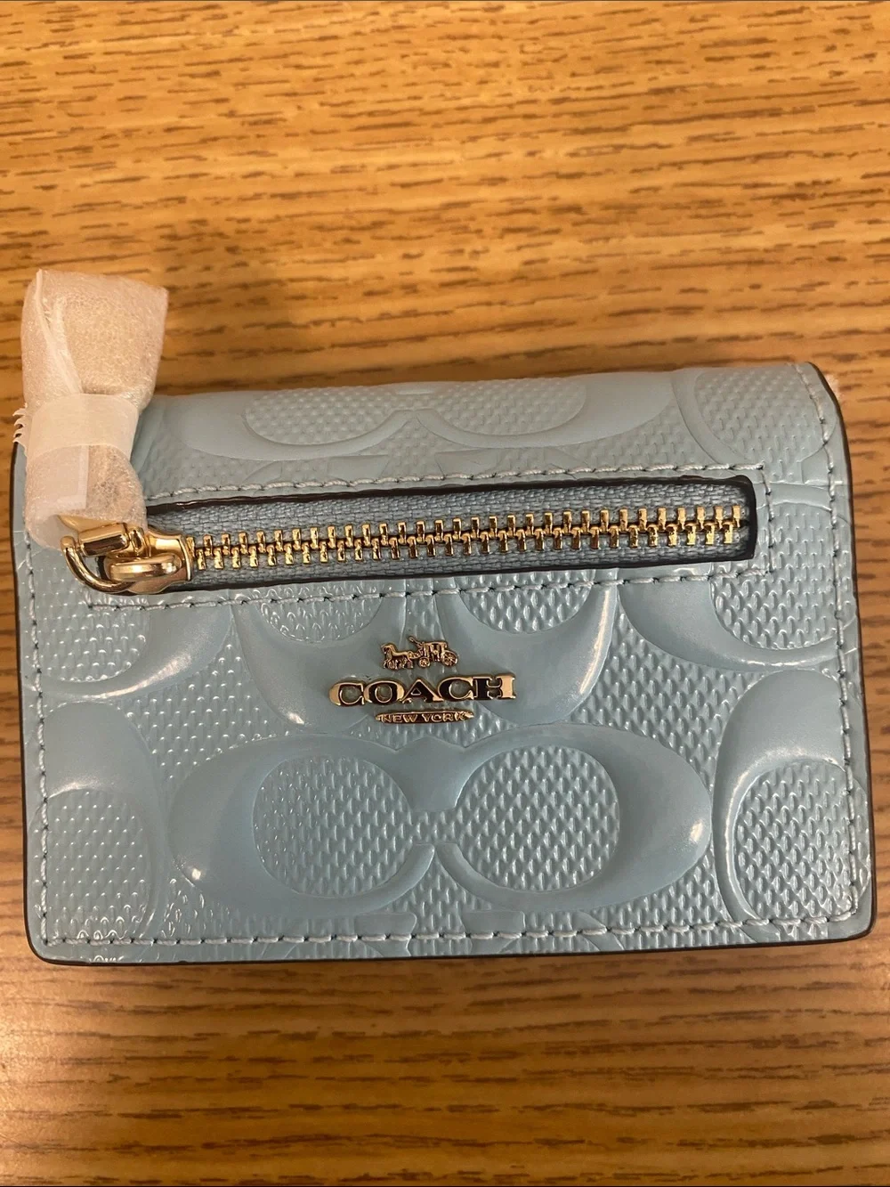 Coach Light Blue Embossed Signature Card Case with Gold Hardware